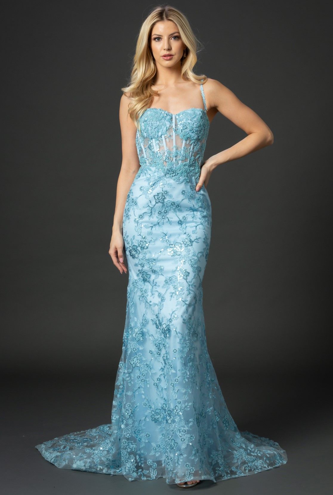 Nina Canacci 6556 Long sheer lace corset fitted bodice with a mermaid skirt and train. Embellished Prom Pageant Gown  Available Size-0-12  Available Color- Ivory, Baby Blue, Raspberry (Mauve)