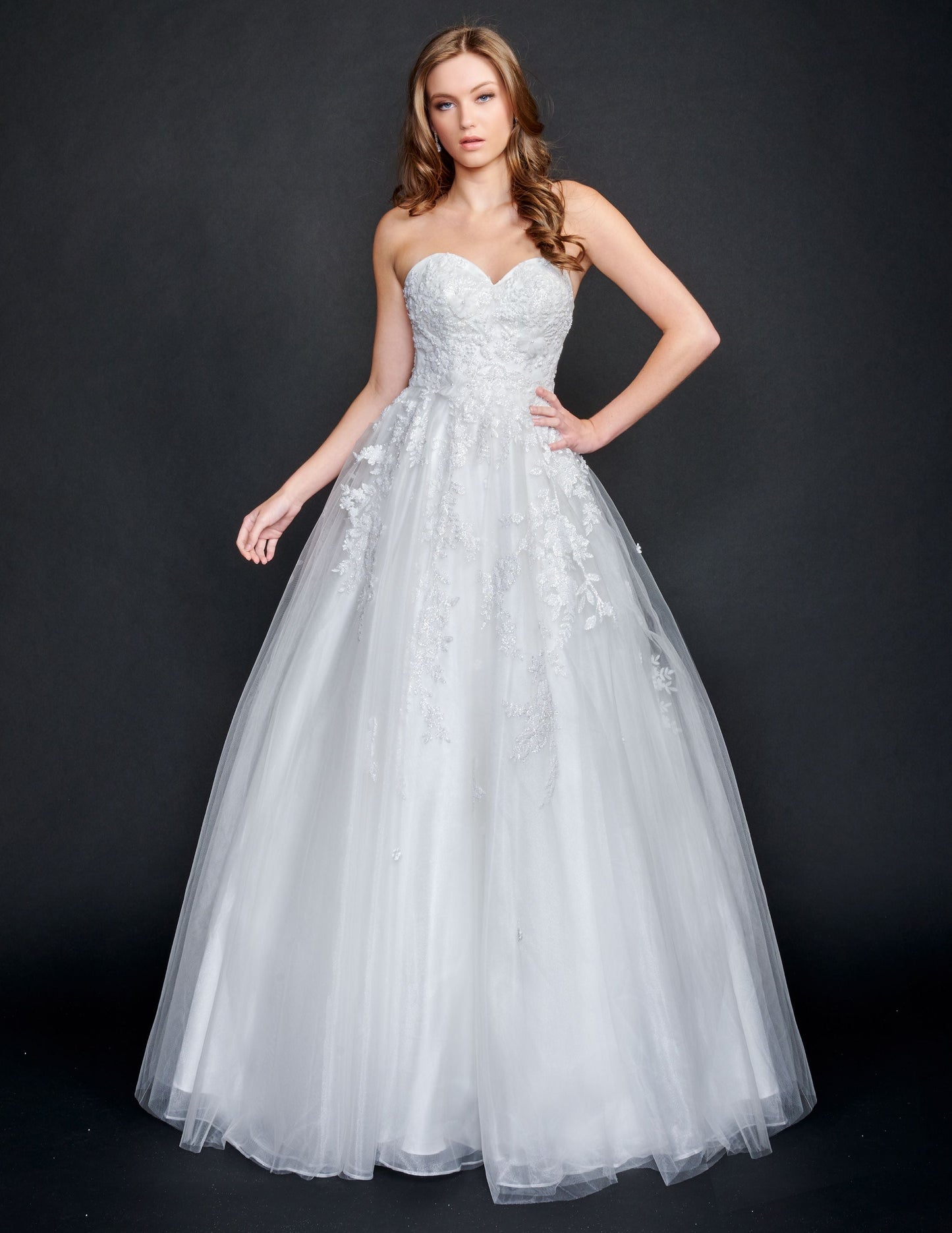 Nina Canacci 9137  This is a strapless ballgown with a sweetheart neckline and 3D floral appliques on the bodice and streaming down the dress. It is good for a Wedding dress or Prom Gown.   Available Size- 4-18  Available Color- Baby Blue, Ivory