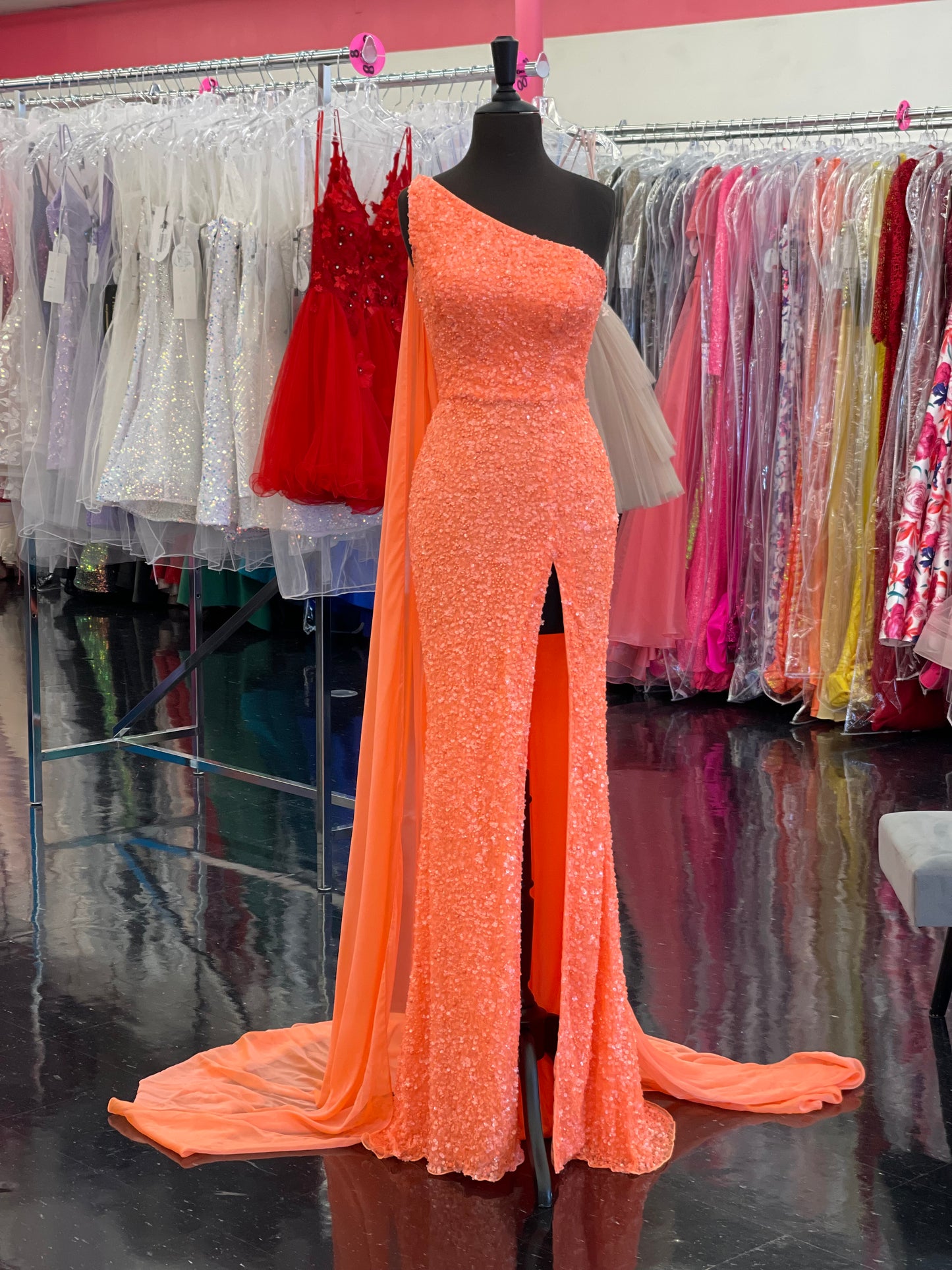 Ashley Lauren 11371 One Shoulder Prom Dress fully sequence with shoulder cape and slit.  Colors : Candy Pink, AB Turquoise, Coral, Emerald, Royal, Sky  Sizes: 0-24  One Shoulder Shoulder cape Slit Fully sequenced 