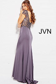 Jovani JVN 53185 Size 12 Charcoal Long Sheer Lace Cap Sleeve Formal Dress Evening Gown