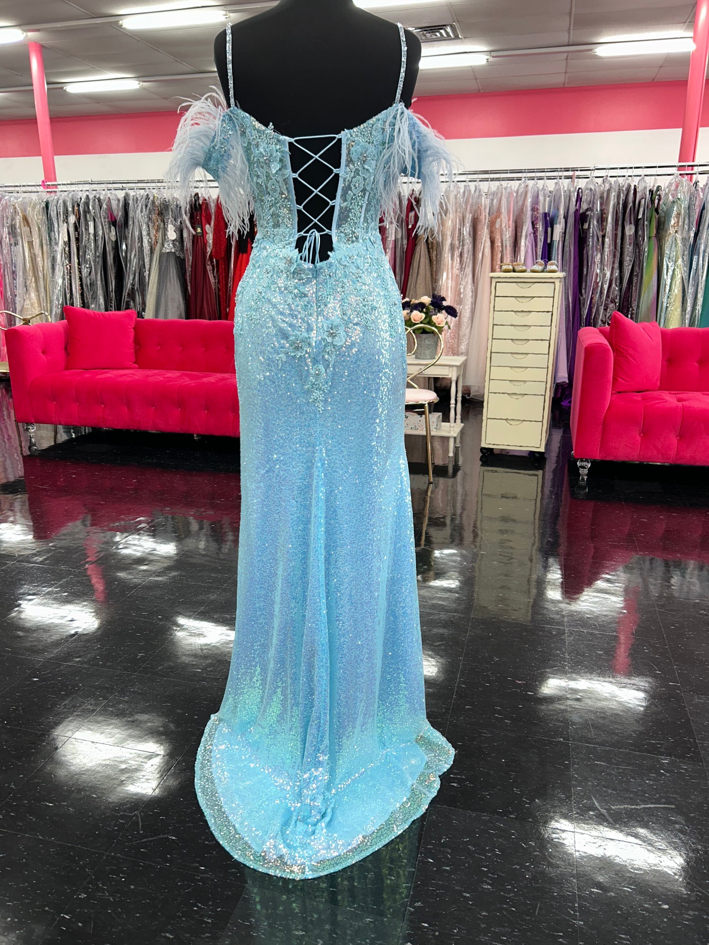 Lucci Lu 1282 Long Fitted Sequin Sheer Lace Feather off the Shoulder Prom Dress Formal Gown Corset Back  Sizes: 10  Colors: Light Blue