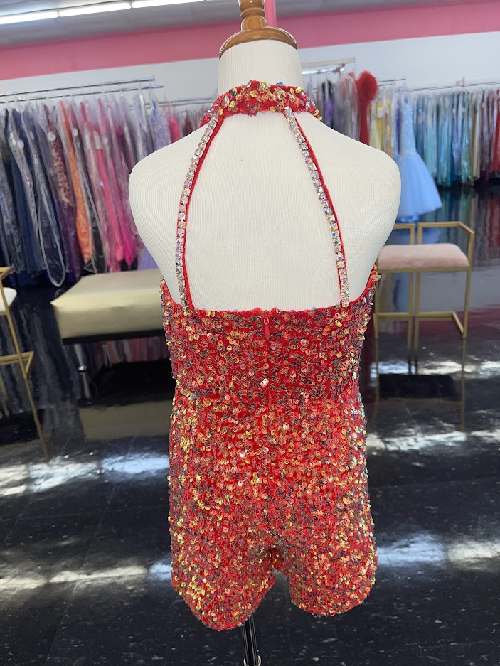 Marc Defang 5033 Short Girls sequin Pageant Romper high neck fun fashion Velvet Sequin High Neck Crystal Embellished Romper Pageant Fun Fashion  Sparkle Iridescent colors  Fully beaded Halter Neck Back Straps  Side Pockets Knitted inner comfort lining Available Sizes: 4  Available Colors: Red