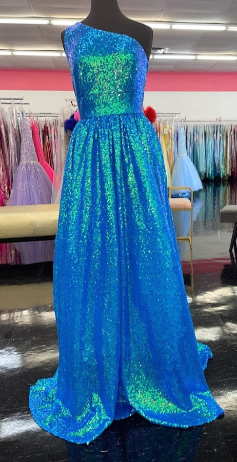 Marc Defang 8068 Size 6 Blue Sequin One Shoulder Ballgown Formal Dress Pageant Prom Gown Iridescent Sequin Triple straps Gown  Available Size: 6  Available Color: Blue