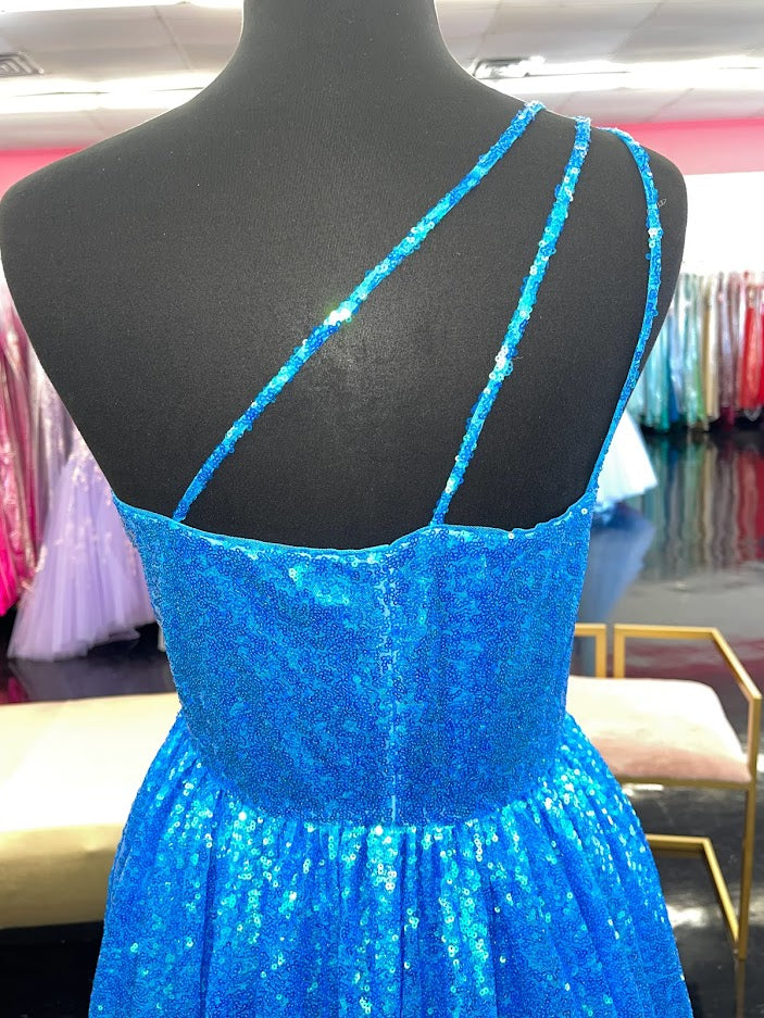 Marc Defang 8068 Size 6 Blue Sequin One Shoulder Ballgown Formal Dress Pageant Prom Gown Iridescent Sequin Triple straps Gown  Available Size: 6  Available Color: Blue