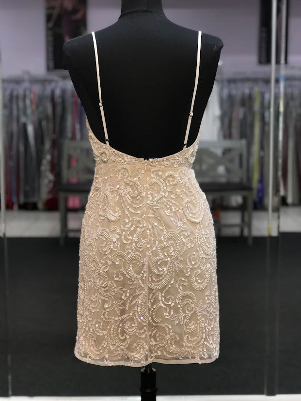 Ashley Lauren 4257 Size 4 Short Beaded Cocktail Dress Formal Ivory Gown beaded sequin