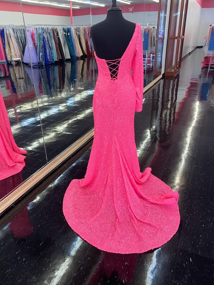 Amarra 87262 Long Fitted Sequin One Shoulder Long Sleeve Prom Dress Slit  Available Sizes: 16  Available Colors: Neon Pink