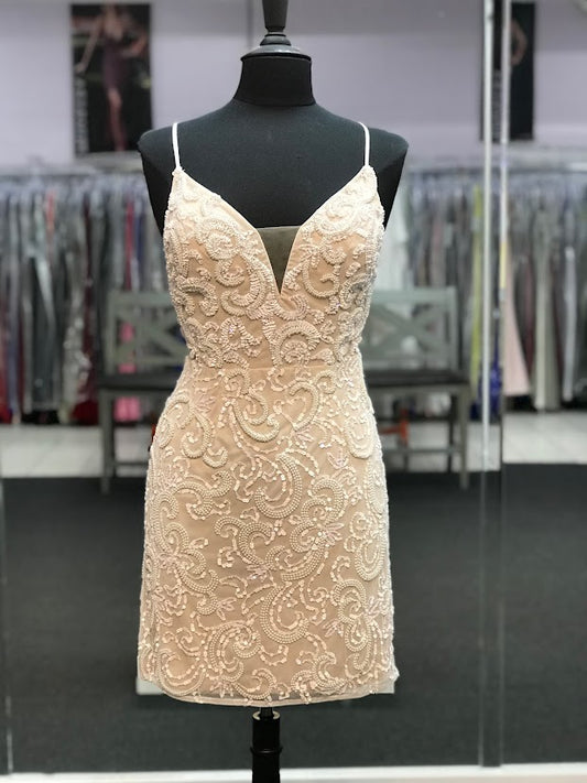 Ashley Lauren 4257 Size 4 Short Beaded Cocktail Dress Formal Ivory Gown beaded sequin