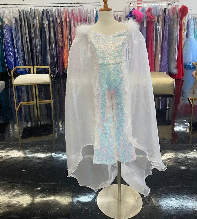 Marc Defang 8099K is a KIDS long pageant formal wear jumpsuit that is made of sequins and has off the shoulder straps.  The straps are attached to a cape with feathers at the shoulders.  Wow the crowd at your next pageant.  Available colors:  Pink, Turquoise, White, Black, Royal  Available sizes:  4,5,6,7,8,9,10,11,12,13,14   Please allow 30 Days for Delivery or a rush fee is available!