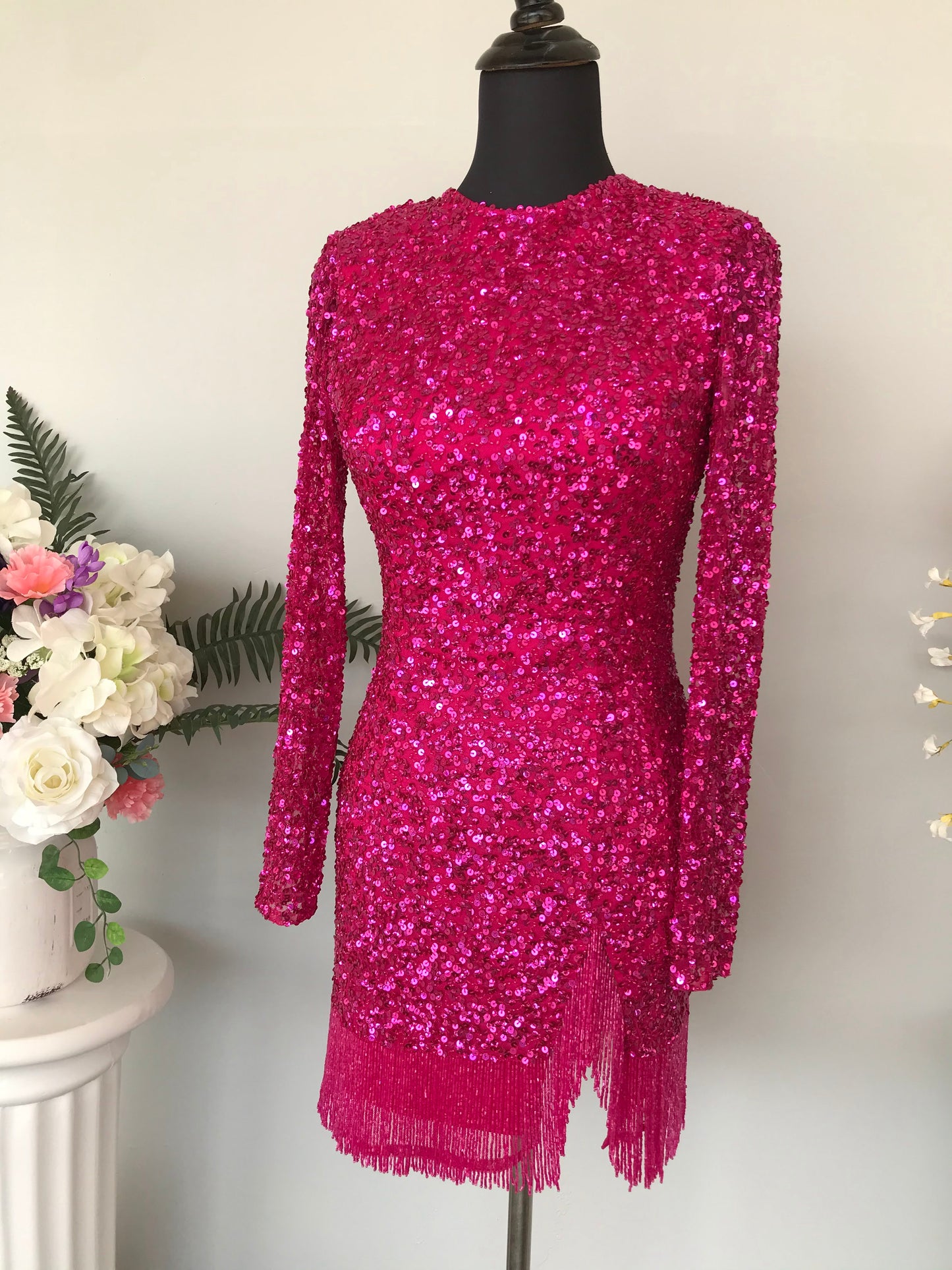 Ashley Lauren 4438 Fuchsia Size 2, 10 Cocktail Dress Long Sleeves Fringe trim on hem and slit