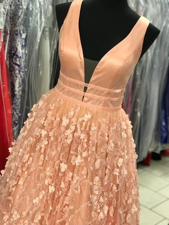 Allie Blu 6101 Peach Floral Lace 3d Applique Formal A Line Ballgown Prom Dress. Lush Skirt with plunging v neckline and suede waist bands. sheer mesh panels. Velvet Ribbon Lace ball gown prom dress   Available Size:10  Available Color: Peach