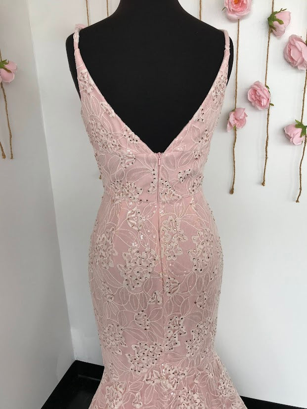 Ashley Lauren 1743 Long Lace formal Mermaid Prom Dress with clear petite sequins  and crystal rhinestone accents. v neckline with a solid lace base. Great pageant Gown  size 4 Blush 