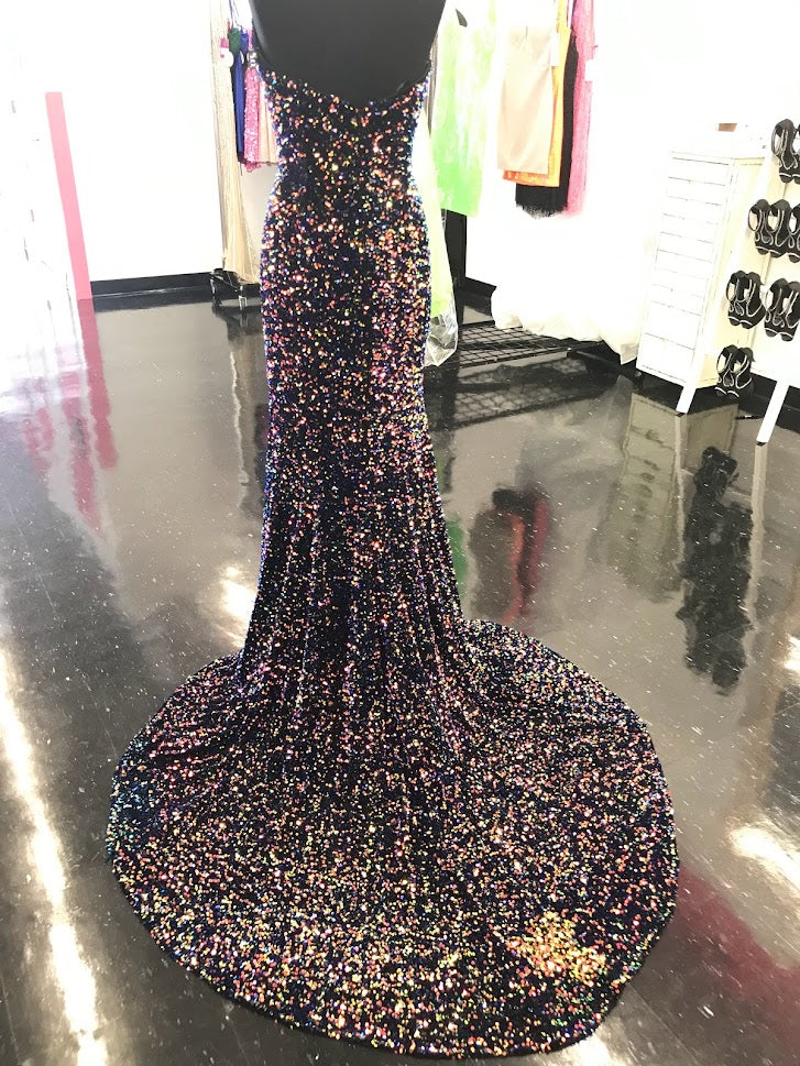 Johnathan Kayne 2529 Size 14 Multi Sequin Embellished Velvet Formal Pageant Dress Slit V Neck Train