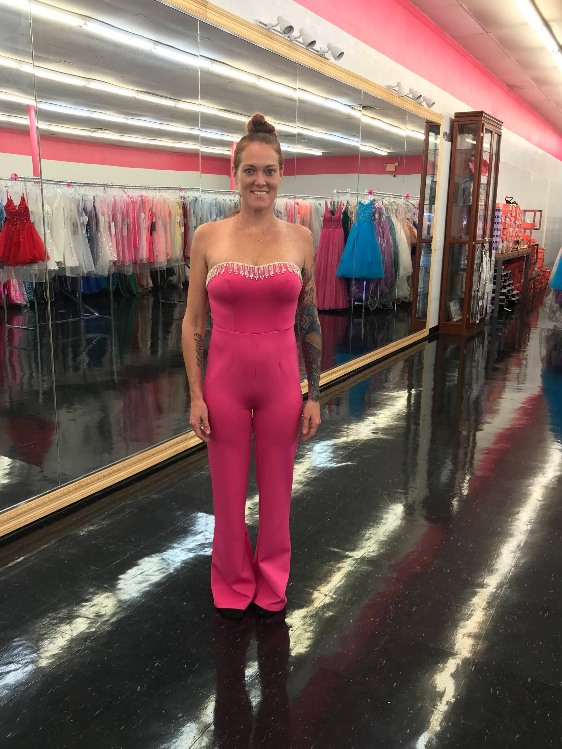 Marc Defang 8180 Long Scuba Strapless Jumpsuit Crystal Fringe Tassel Pageant Neon  Available Size:  2, 12  Available Color:  Hot Pink