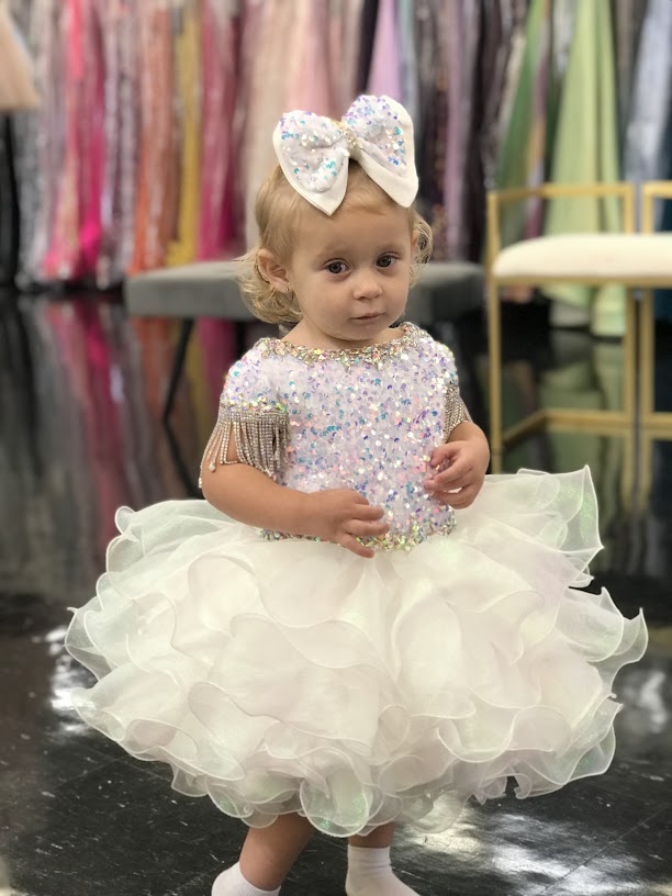 Sugar Kayne C203 Short Girls Cupcake Velvet Sequin Pageant Dress Crystal Fringe Tassel Cap Sleeve corset back  Sizes: 0M, 6M, 12M, 18M, 24M, 2T, 3T, 4T, 5T, 6T  Colors: Cotton Candy, Powder Blue, Unicorn