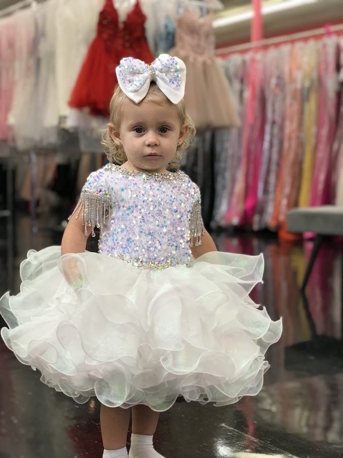 Sugar Kayne C203 Short Girls Cupcake Velvet Sequin Pageant Dress Crystal Fringe Tassel Cap Sleeve corset back  Sizes: 0M, 6M, 12M, 18M, 24M, 2T, 3T, 4T, 5T, 6T  Colors: Cotton Candy, Powder Blue, Unicorn