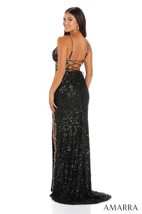 Amarra 94120 Long Fitted Sequin Beaded Fringe Slit Prom Dress Backless Corset Tassel Gown  Sizes: 00-16   Colors: Black, Neon Pink/Gold