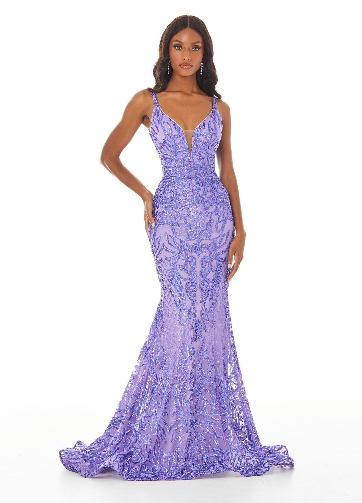 Ashley Lauren 11015 Shine bright in this spaghetti strap sequin evening gown. The bustier of this prom dress has an illusion V-Neckline and a deep V-Back. The skirt on this pageant gown is finished with horsehair.  Colors Rose, Purple, Royal  Sizes  0, 2, 4, 6, 8, 10, 12, 14, 16, 18, 20, 22, 24  V-Neckline Spaghetti Straps Low Back Sequin