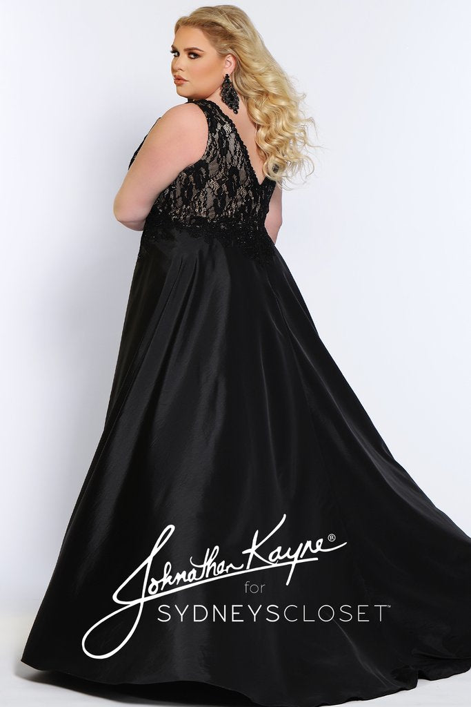 Johnathan Kayne for Sydneys Closet JK2016 Stingray halter neckline fitted lace plus size prom dress with flowy chiffon over skirt  Evening gown pageant gown  Available colors:  Ruby Red/Nude, Emerald Green/Nude, Onyx/Nude, Fuchsia/Fuchsia, Ivory/Nude  Available sizes:  14-24 