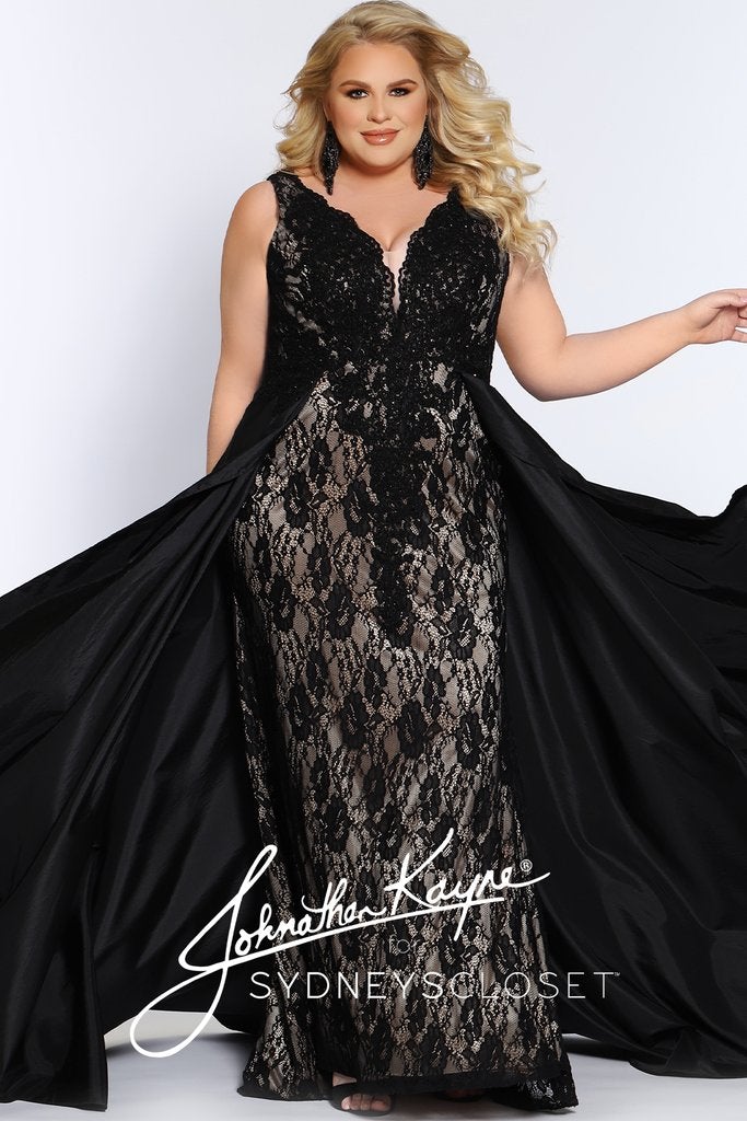 Johnathan Kayne for Sydneys Closet JK2016 Stingray halter neckline fitted lace plus size prom dress with flowy taffeta over skirt JK 2016 Evening gown pageant gown, wedding dress  Available colors:  Ruby Red/Nude, Emerald Green/Nude, Onyx/Nude, Fuchsia/Fuchsia, Ivory/Nude  Available sizes:  14-24 