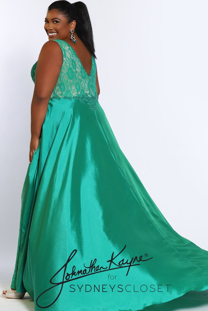 Johnathan Kayne for Sydneys Closet JK2016 Stingray halter neckline fitted lace plus size prom dress with flowy chiffon over skirt  Evening gown pageant gown  Available colors:  Ruby Red/Nude, Emerald Green/Nude, Onyx/Nude, Fuchsia/Fuchsia, Ivory/Nude  Available sizes:  14-24 