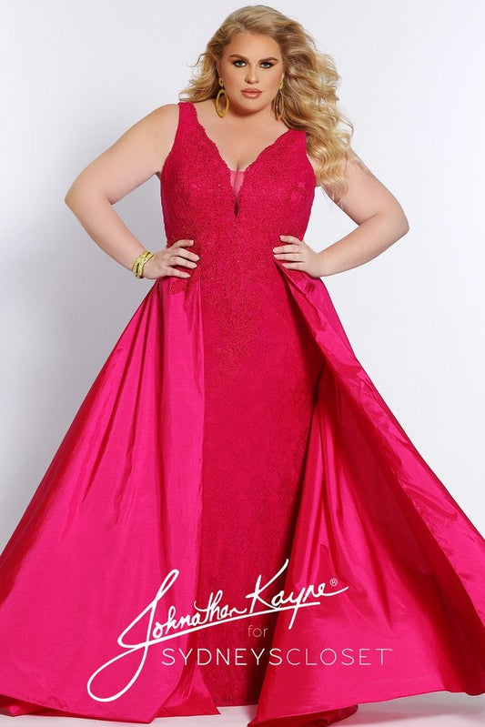 Johnathan Kayne for Sydneys Closet JK2016 Stingray halter neckline fitted lace plus size prom dress with flowy taffeta over skirt JK 2016 Evening gown pageant gown, wedding dress  Available colors:  Ruby Red/Nude, Emerald Green/Nude, Onyx/Nude, Fuchsia/Fuchsia, Ivory/Nude  Available sizes:  14-24 