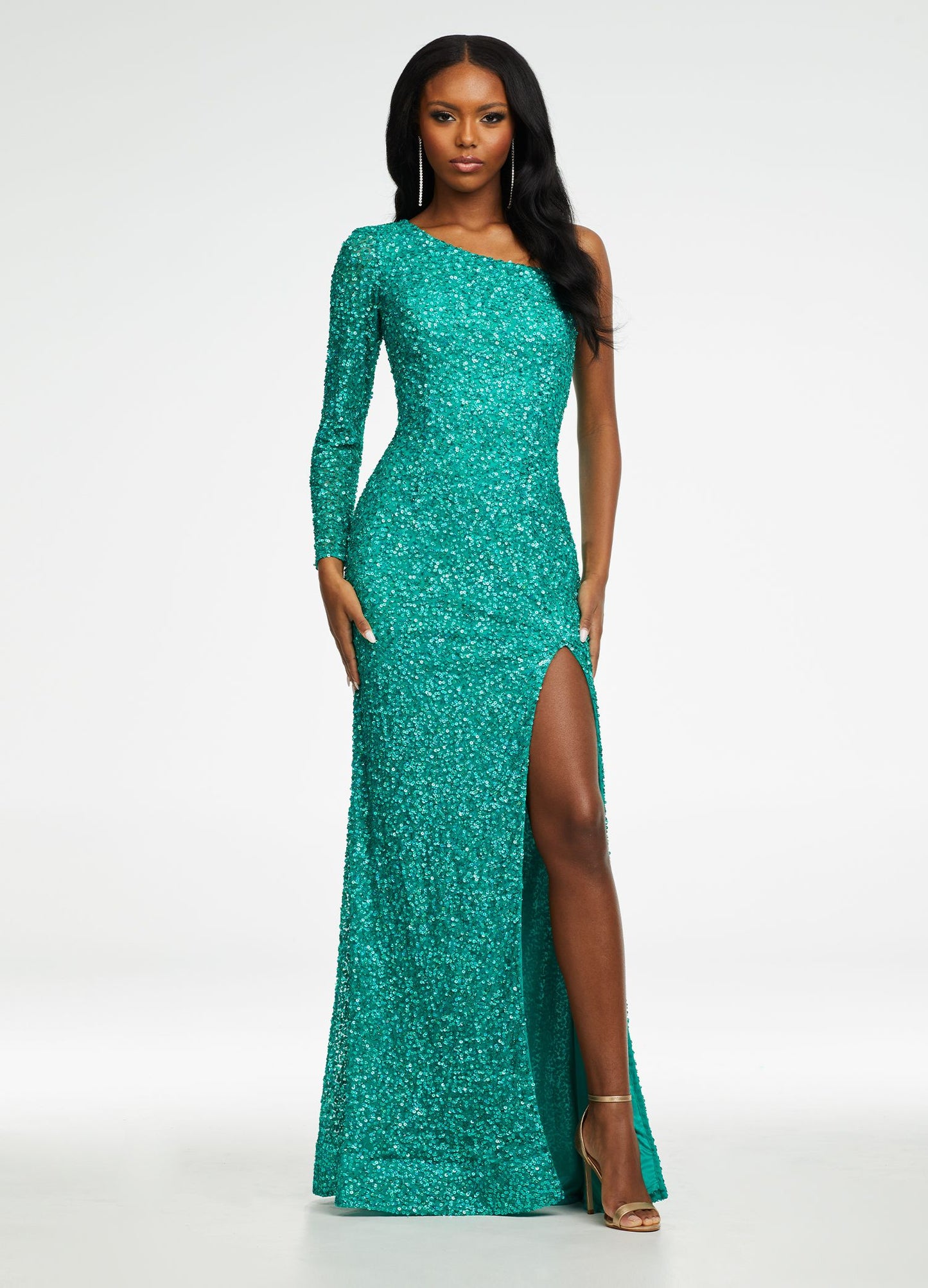 Ashley Lauren 1977 Prom Dress One Sleeve Fully Beaded Long Pageant Dress with High Side Slit