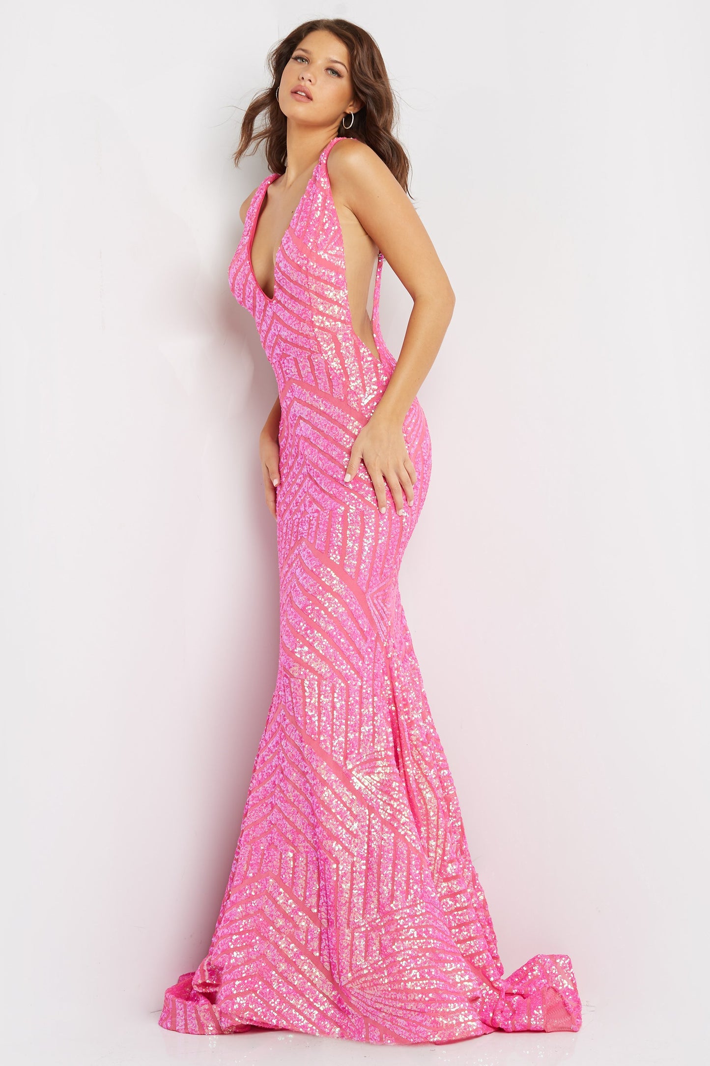 JOVANI-59762-NEON-PINK-PROM-DRESS-FRONT-NEON-PLUNGING-NECKLINE-MERMAID-LONG-TRAIN