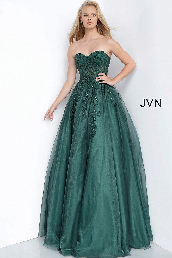 JVN00915 Emerald Floor length prom ballgown, embroidered illusion bodice, strapless sweetheart neckline.