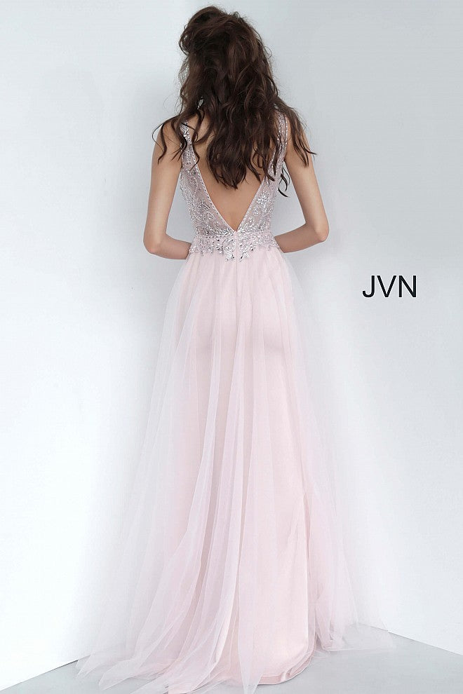 JVN 02253 is a long fitted Prom Dress with a sheer Embellished bodice with a Deep V Plunging Neckline with a mesh insert. Features an open V Back. Fitted Skirt has a tulle overlay overskirt with embellishments cascading from the bodice to add a soft transition. Great pageant gown or Dress for any formal event!