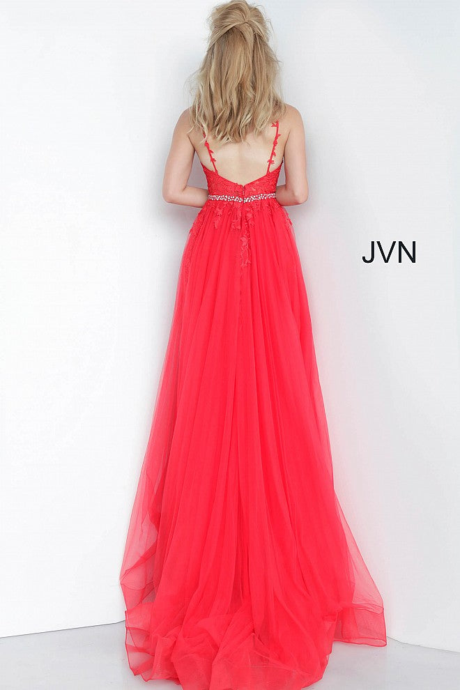 JVN by Jovani 02260 Red Floral lace prom dress, fitted floor length skirt with tulle over skirt, crystal embellished thin belt at waist, fitted sleeveless bodice with V neck, Spaghetti straps over shoulders, open back.