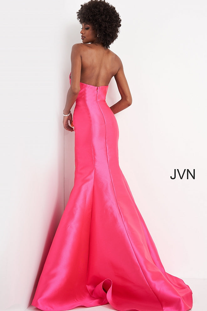 Jovani JVN02365 is a Gorgeous Long Fitted Mikado Formal Evening Gown. This Pageant Dress Features a Stunning mermaid silhouette with a trumpet skirt and sweeping train. This Pageant Ready Style Feature a strapless scoop peak neckline. This Gown stuns when paired with an OverSkirt! JVN 02365 Glass Slipper Formals