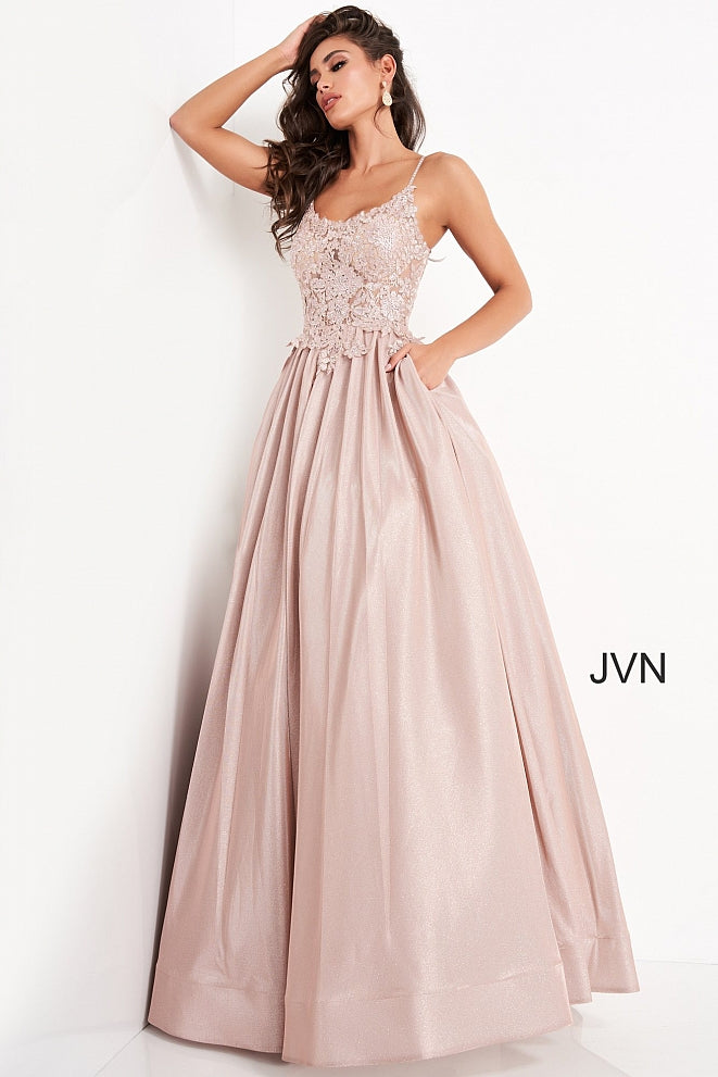 JVN03038 sheer embellished embroidered lace bodice scoop neckline with spaghetti straps, lace up corset open back shimmer iridescent long prom dress ball gown with pockets Colors:  Nude, Perri, Red  Sizes:  00, 2, 4, 6, 8, 10, 12, 14, 16, 18, 20, 22, 24