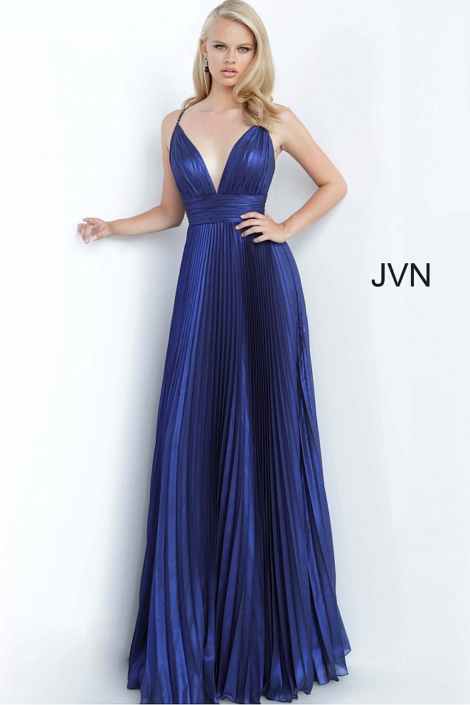 JVN 03061 is a long Iridescent Pleated maxi prom dress with a v neckline and embellished spaghetti straps and an open back with detailed crossing strap patterns.