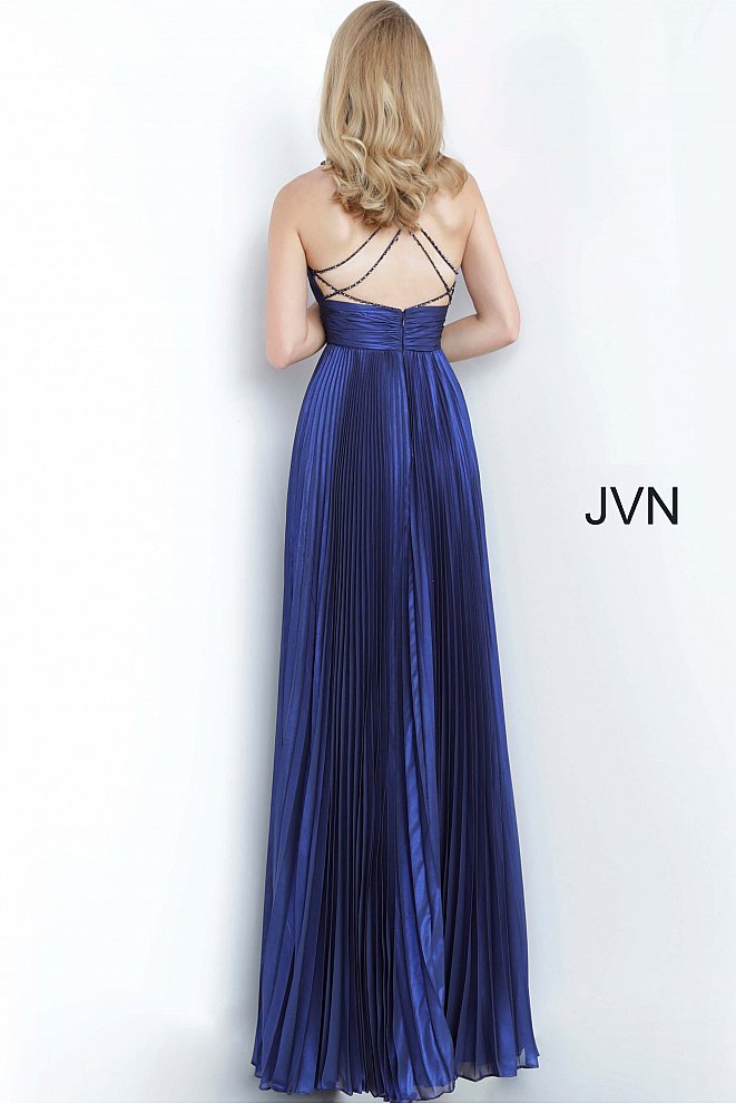 JVN 03061 is a long Iridescent Pleated maxi prom dress with a v neckline and embellished spaghetti straps and an open back with detailed crossing strap patterns.