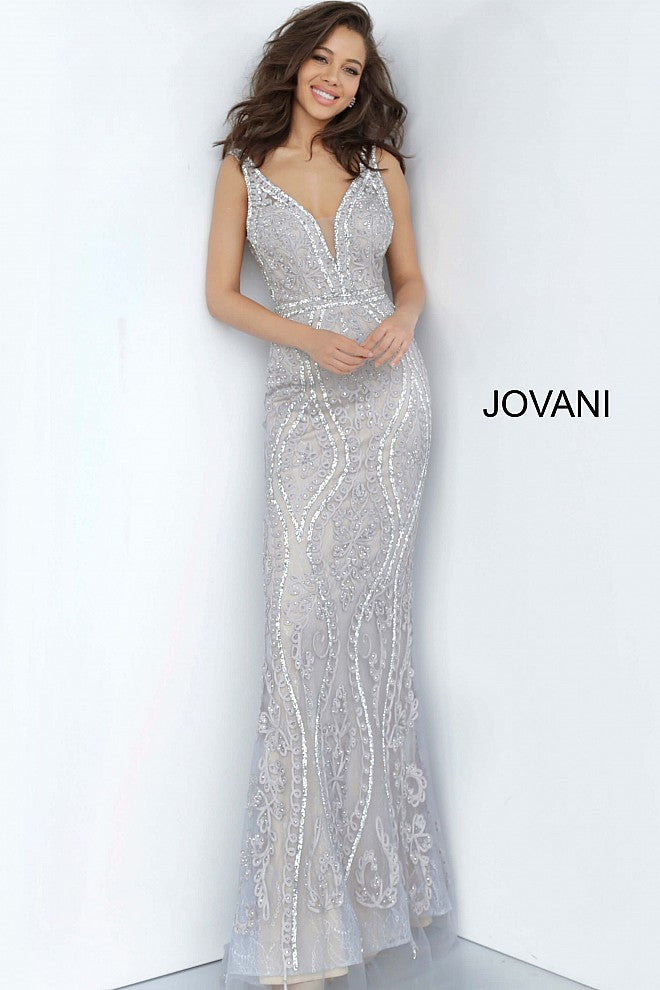 JVN03112 Grey Embroidered crystal embellished prom dress, form fitting silhouette, floor length, sleeveless bodice, plunging neckline with sheer mesh insert, V back.  