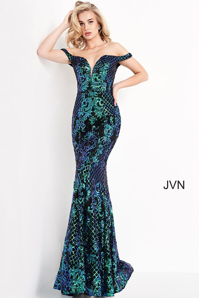 Jovani JVN04515 is an over the top 2021 Prom Formal Wear Style! This Glamorous Pageant Gown Features off the shoulder straps with a Plunging V Neckline. Fitted Mermaid Silhouette Cascades into a subtle lush trumpet skirt. Elaborate Multi Color Sequin Pattern form a damask print and add a Glamorous appeal. This gown is for those who want to be seen! Great for Plus Size! Great sexy wedding reception dress in ivory! JVN 04515