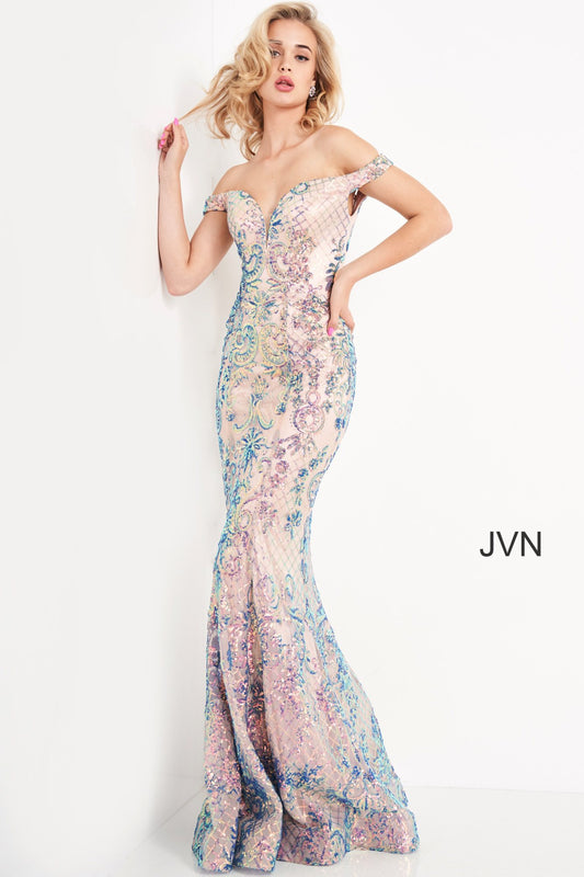 Jovani JVN04515 is an over the top 2021 Prom Formal Wear Style! This Glamorous Pageant Gown Features off the shoulder straps with a Plunging V Neckline. Fitted Mermaid Silhouette Cascades into a subtle lush trumpet skirt. Elaborate Multi Color Sequin Pattern form a damask print and add a Glamorous appeal. This gown is for those who want to be seen! Great for Plus Size! Great sexy wedding reception dress in ivory! JVN 04515  Ivory  Size 8