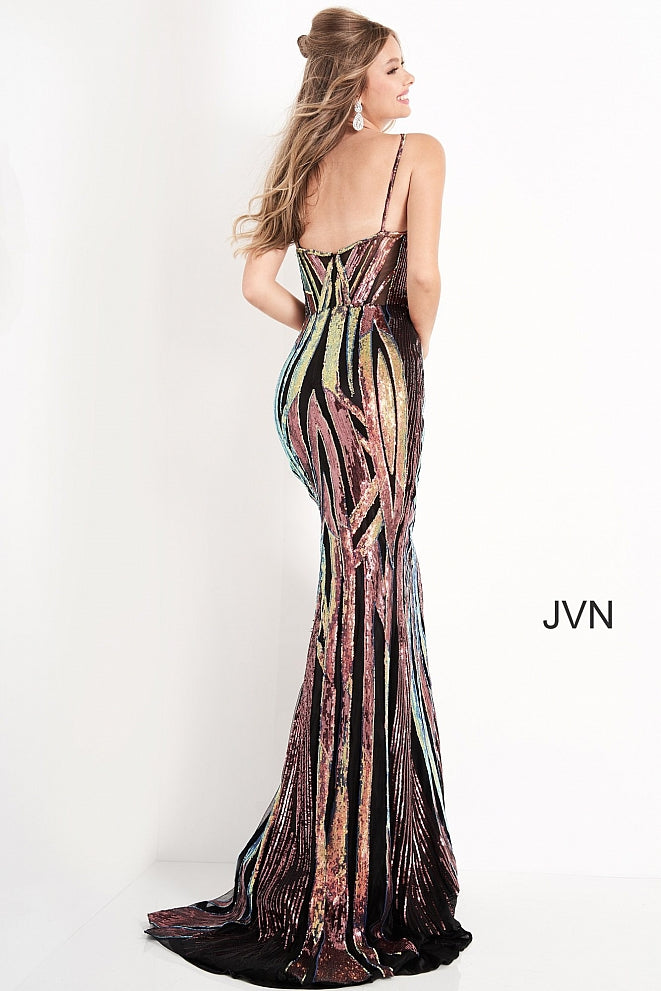 JVN04549 multi prom dress features a fitted silhouette in geometric sequins, with a notched V-neckline, semi-open back, and spaghetti straps. This form-fitting gown has a sweep train. Color Multi  Sizes 00, 0, 2, 4, 6, 8, 10, 12, 14, 16, 18, 20, 22, 24  JVN by Jovani 04549