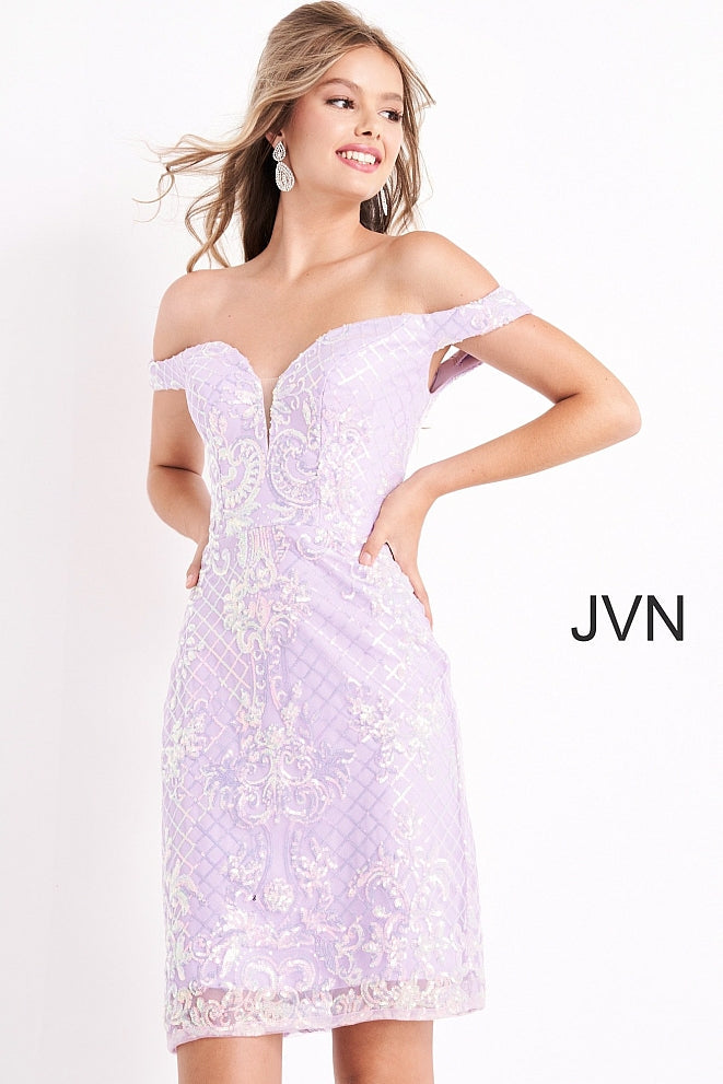 Jovani JVN05251 Size 2 Black Multi Short Fitted Sequin off the shoulder Cocktail Dress JVN 05251