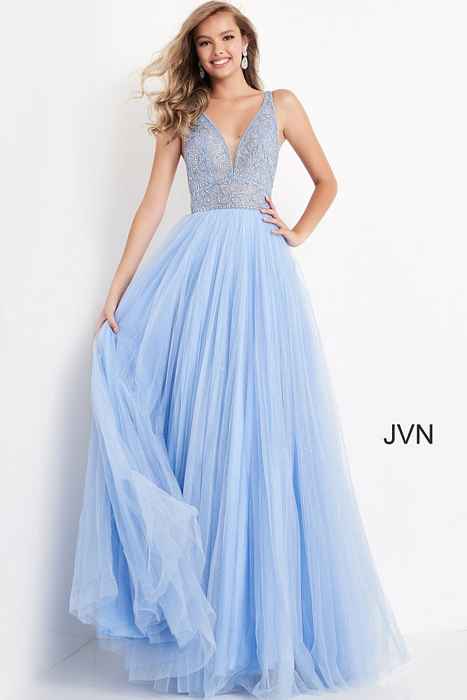 Jovani JVN05818 - JVN 05818 is a Gorgeous Long Glittering Tulle A Line ballgown prom dress. Featuring a sheer Fitted V Neckline bodice with crystal rhinestone embellishments. Open V Back. Look like a princess in this stunning formal evening gown. Available Sizes: 00,0,2,4,6,8,10,12,14,16,18,20,22,24  Available Colors: Blush, Fuchsia, Light Blue