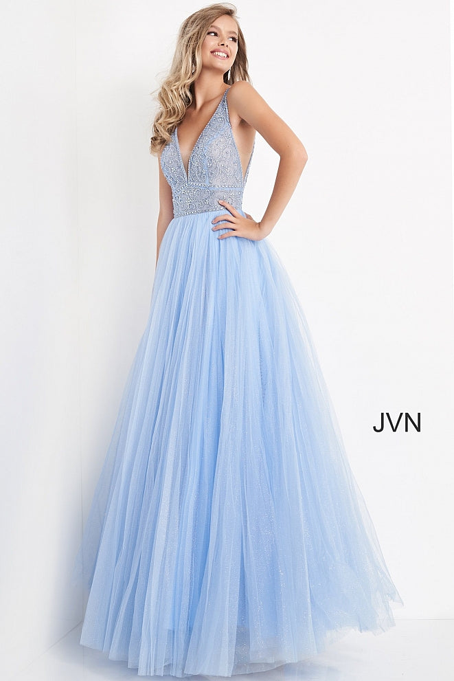 Jovani JVN05818 - JVN 05818 is a Gorgeous Long Glittering Tulle A Line ballgown prom dress. Featuring a sheer Fitted V Neckline bodice with crystal rhinestone embellishments. Open V Back. Look like a princess in this stunning formal evening gown. Available Sizes: 00,0,2,4,6,8,10,12,14,16,18,20,22,24  Available Colors: Blush, Fuchsia, Light Blue