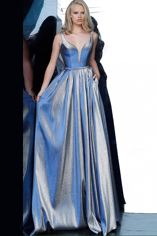 JVN 2229 is a Stunning Iridescent Blue Shimmer Prom Dress. Ball Gown Silhouette with a Deep V Plunging Neckline and pleated skirt. V midrise back