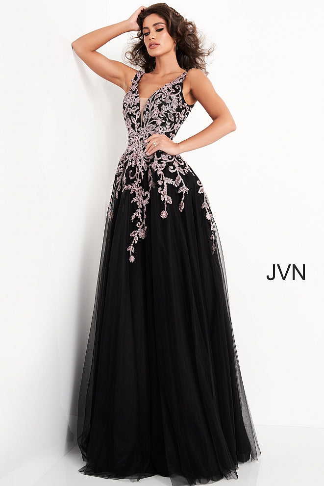 Jovani JVN2302 Size 8 Black/Rose Floral V neck A Line Ballgown Prom Dress Formal