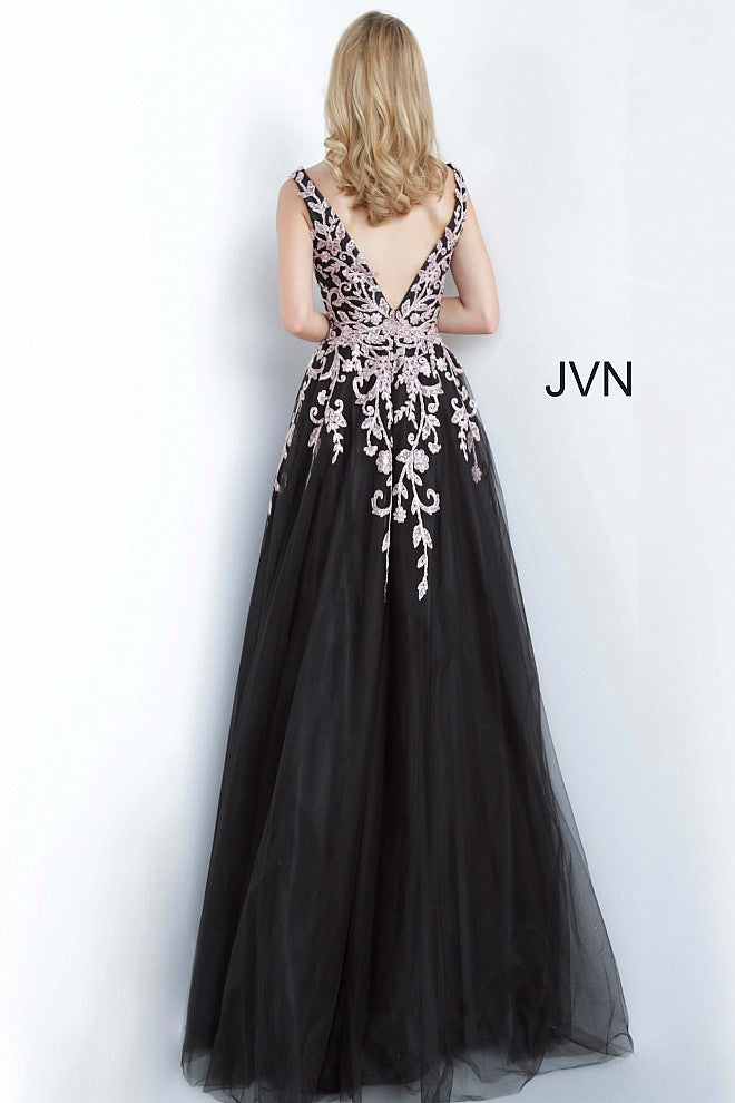 JVN by Jovani 2302 Black and Gold Plunging Neckline Embroidered Floral Tulle Ball Gown Prom Dress Evening gown  