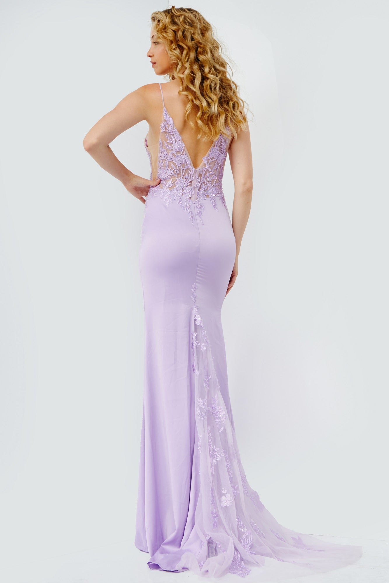 JVN23124 by Jovani Fitted elegant prom dress, floor length stretch satin skirt with high slit and train, lace godet panel in the back, illusion floral embroidered bodice, sleeveless, spaghetti straps over shoulders, plunging neckline with sheer mesh insert, sheer sides, open V back.