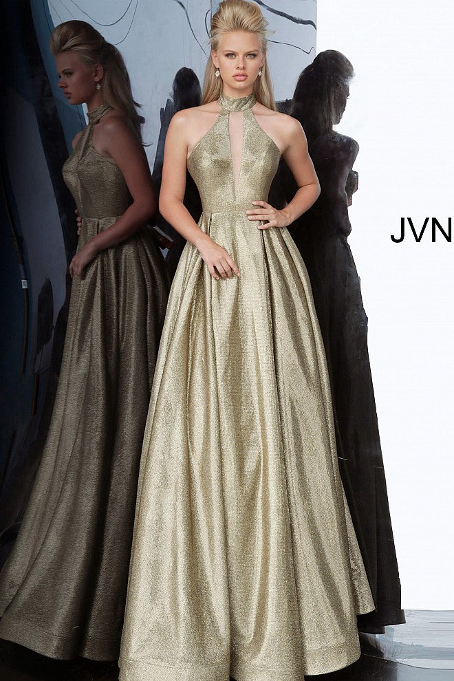 JVN by Jovani 2368 is a Bronze & Silver High Neckline Sleeveless Prom Ballgown with a metallic shimmer Fabric & a plunging neckline