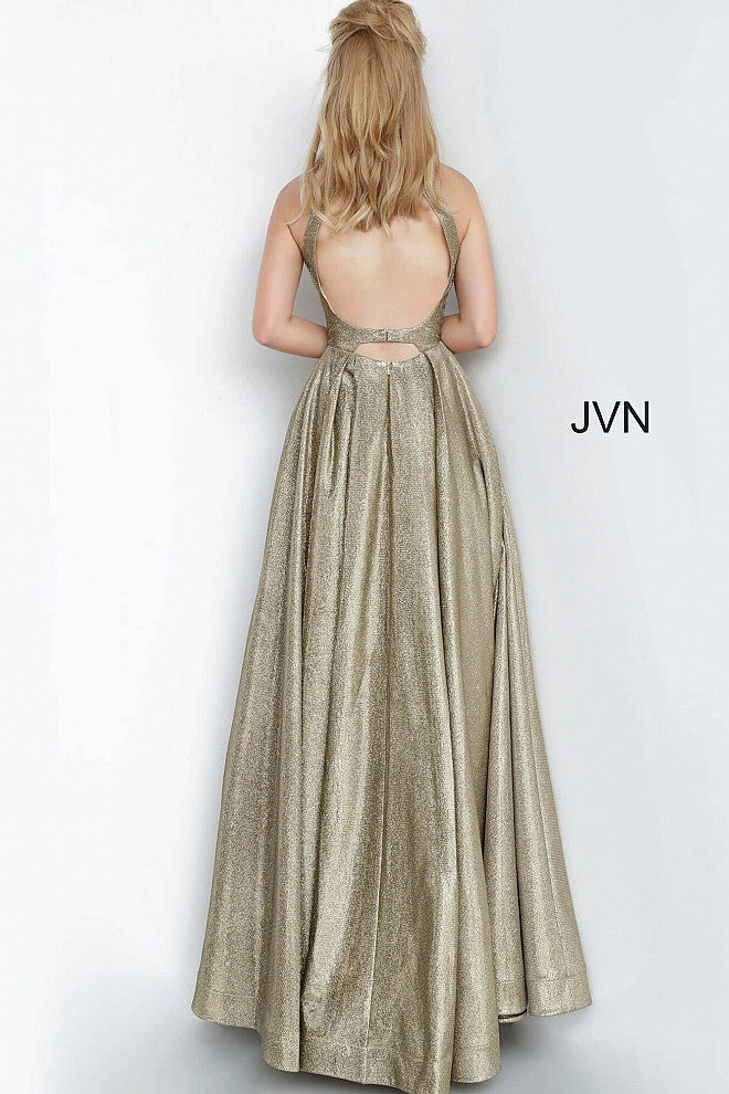 JVN by Jovani 2368 is a Bronze & Silver High Neckline Sleeveless Prom Ballgown with a metallic shimmer Fabric & a plunging neckline