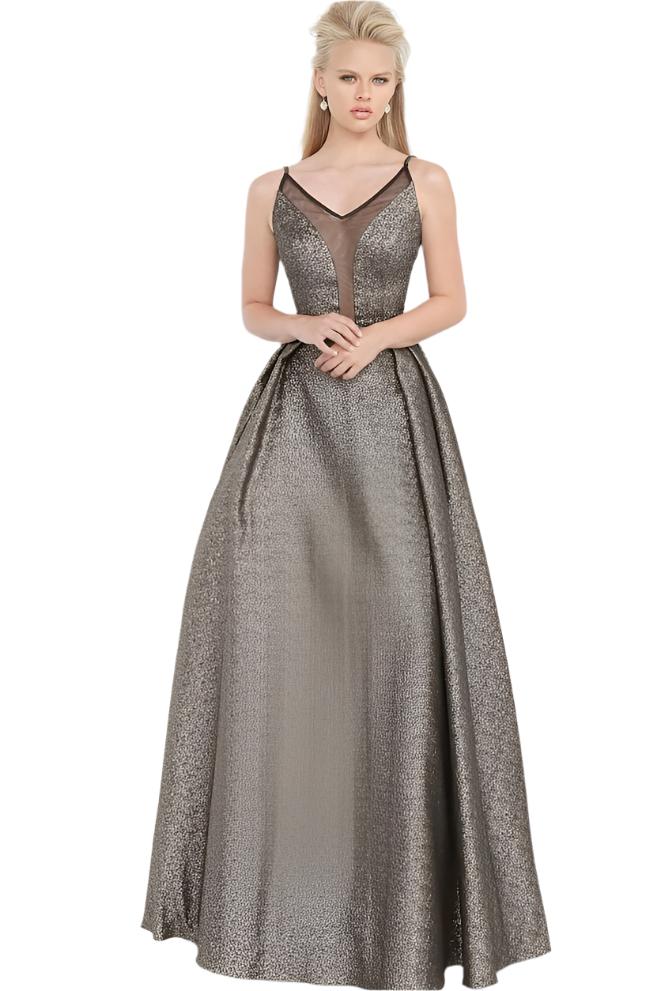 JVN by Jovani 2549 is a Metallic Shimmer Gold Pleated Ball Gown Prom Dress with a deep plunging neckline with mesh!