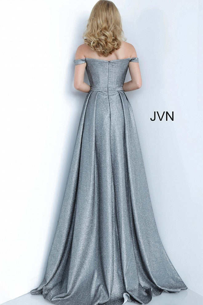 JVN by Jovani 2560 Metallic Long Fitted Prom Dress with Overskirt Train & a deep V Neckline evening gown mother of the bride dress. 