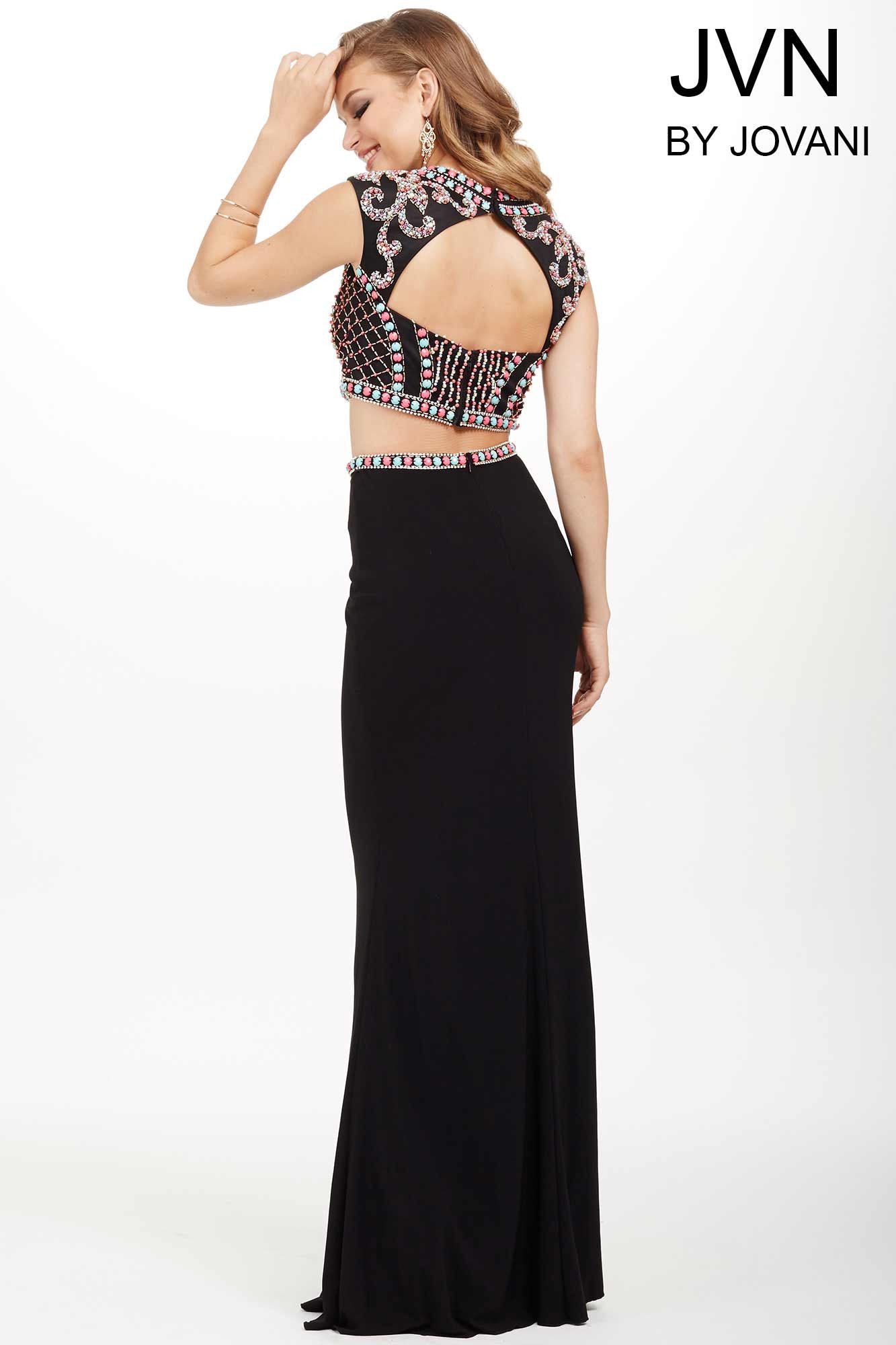 JVN by Jovani style JVN34015 Sexy two piece prom dress features sleeveless multicolored coral and mint beaded top with cutout back and a fitted jersey skirt. Two Piece Beaded Prom Dress High Neck Formal Gown JVN 34015  Available Size: 0  Available Color: White